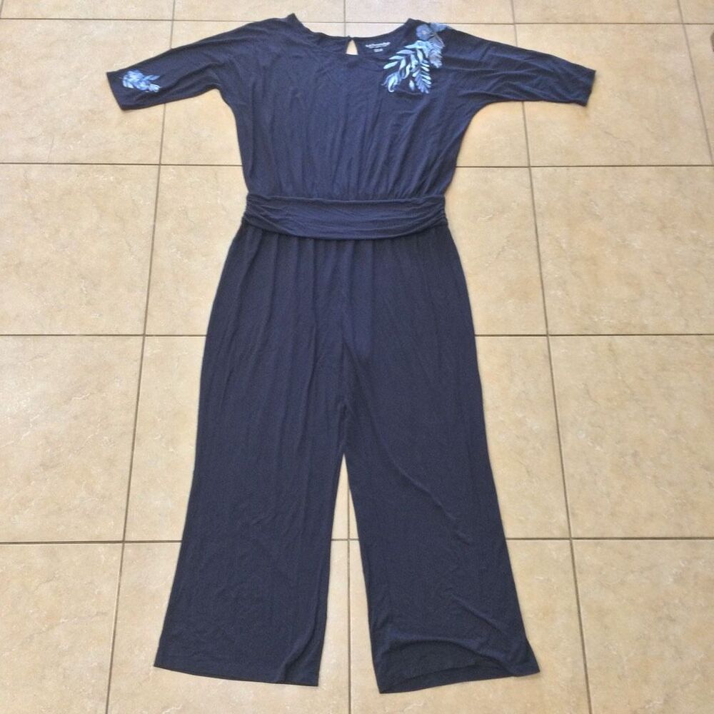 Soft Surroundings Navy garbo Dolman Sleeve Jumpsuit with Floral Embroidery petit